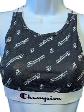 Champion Authentic Sports Bra Bralette Black Logo Print Crossback Racerback XS